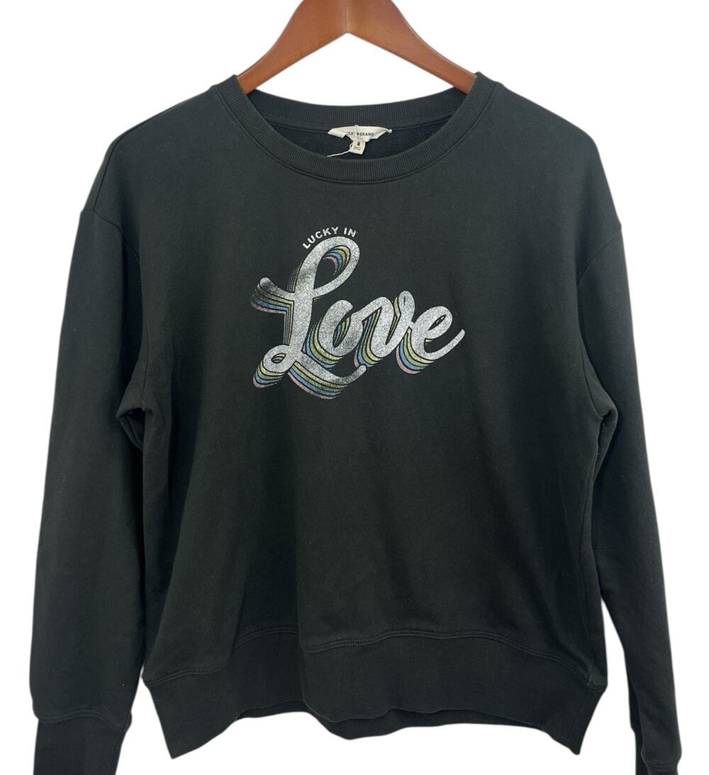 Lucky Brand Women Gray Lucky In Love Graphic Medium Crew Sweatshirt Boho